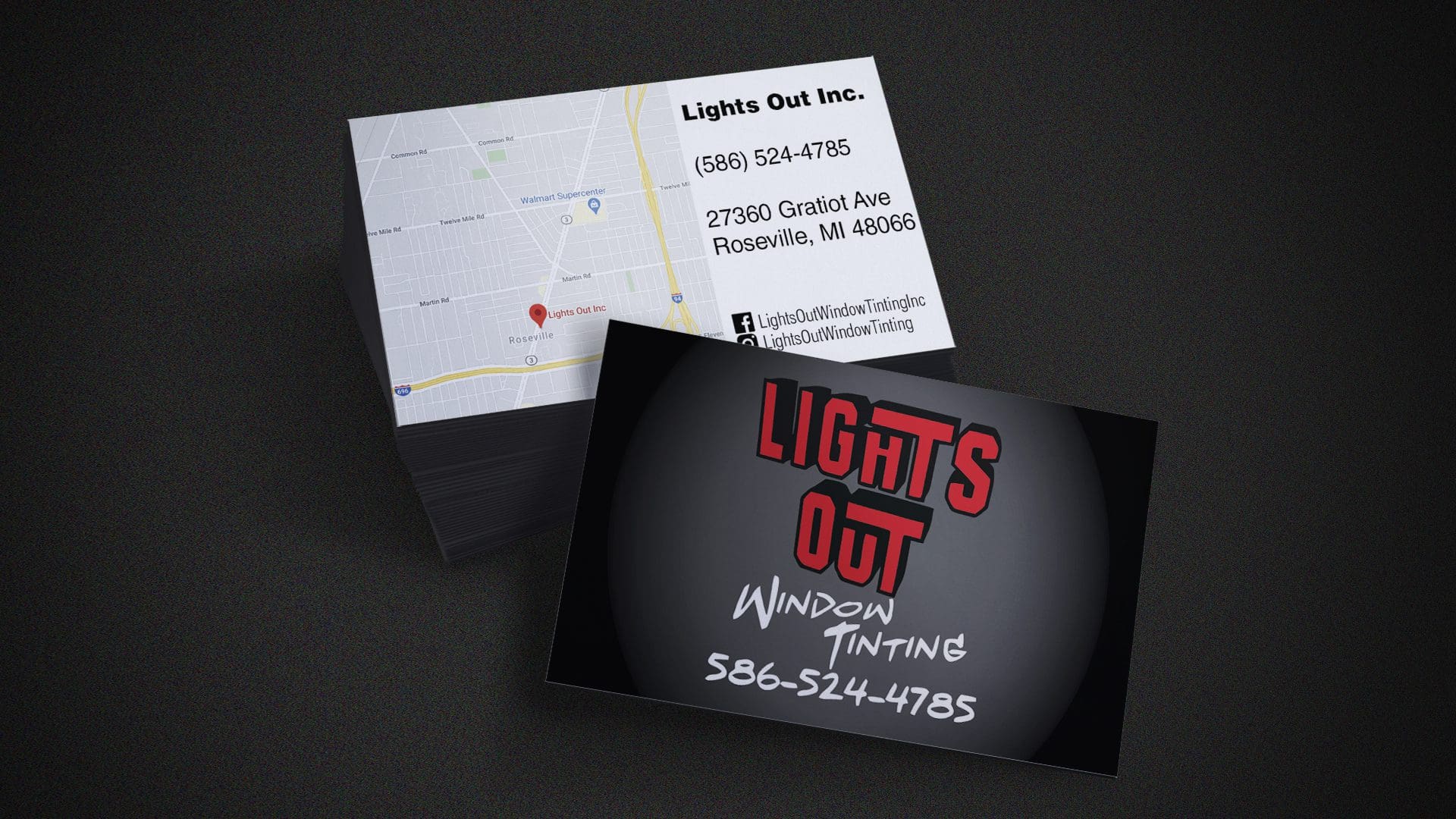 Lights Out Window Tinting - Business Card Mockup V1